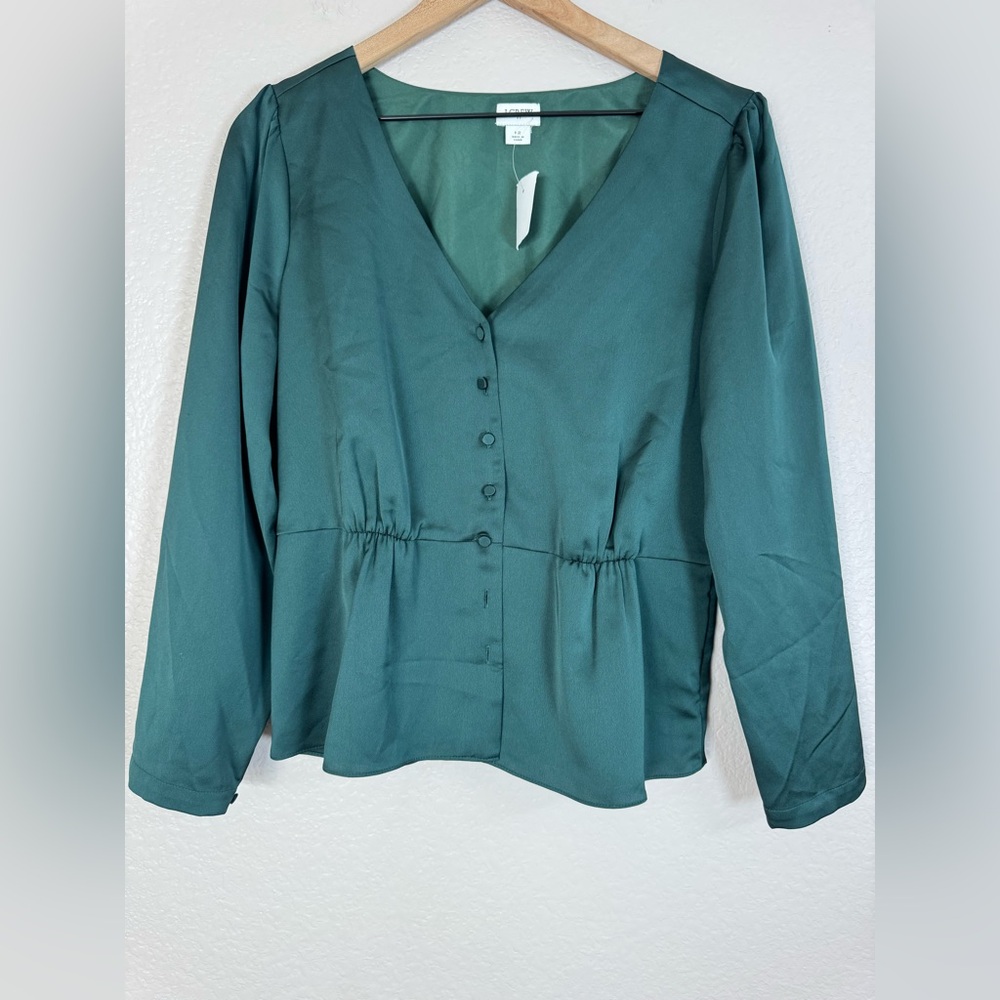 J Crew Green Long Sleeve Peplum Button Front Satin Crepe Blouse Top size 12 - Picture 7 of 8